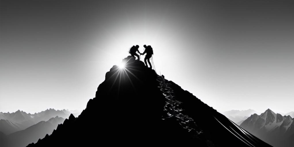 Two people on a mountain summit